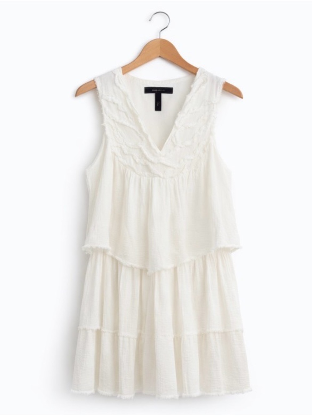 BCBGMAXAZRIA White Gauze Tiered Boho Mini Dress Frayed Trim in White